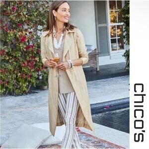 NWT Chico's Lightweight Trench Crinkle Linen Long Sleeve Jacket Gold 4 22-24 Tie